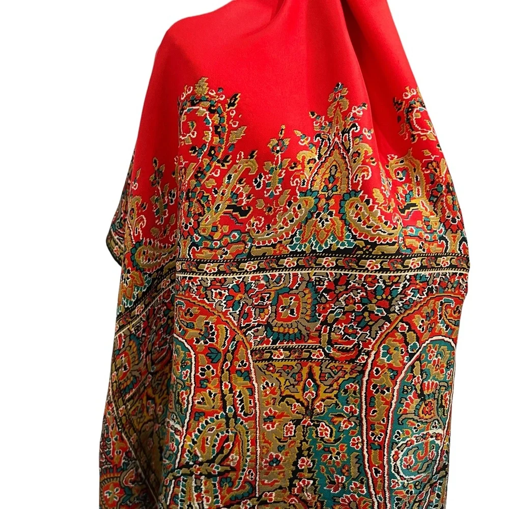 PERRY ELLIS RED, BLACK & GREEN TAPESTRY DESIGN 100% SILK SCARF